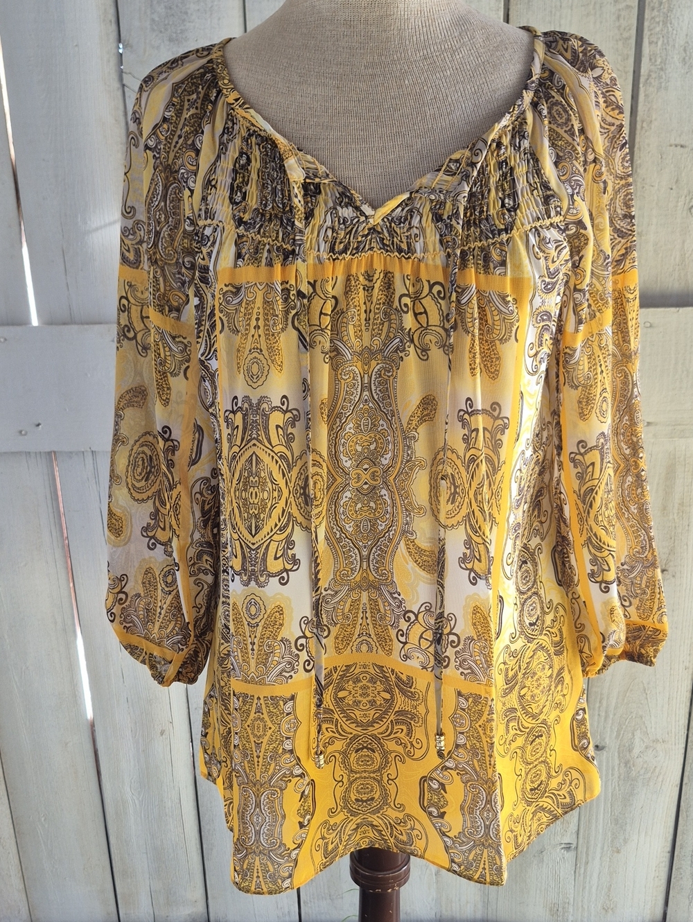 Charter Club Yellow & Brown Paisley Peasant Blouse